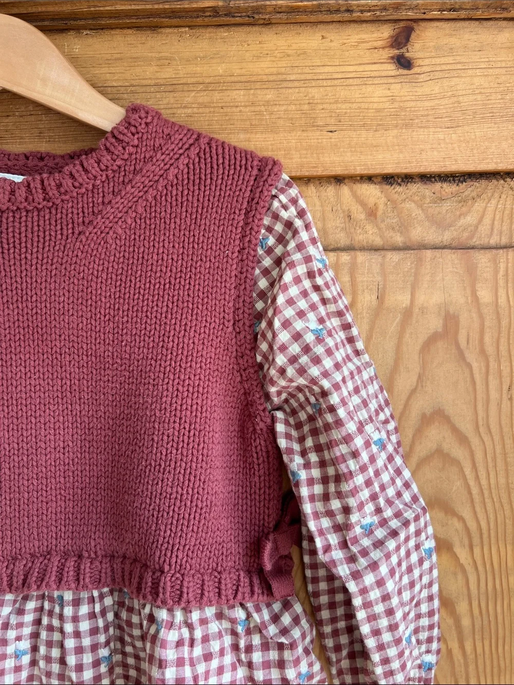 Zara | Girls' Burgundy Knit Peplum Top with Gingham Sleeves